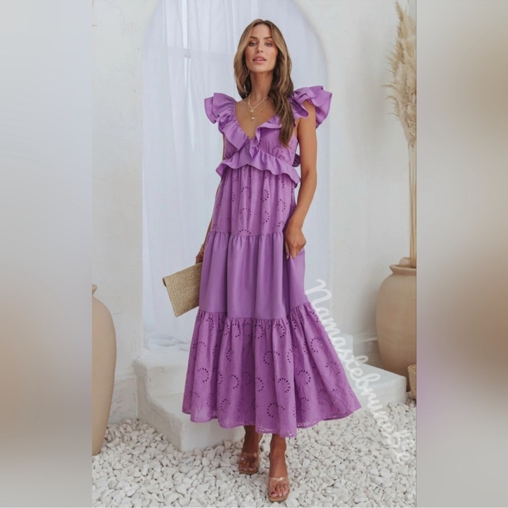 NWOT Purple Eyelet Tiered Ruffle Sleeve Maxi Dress
